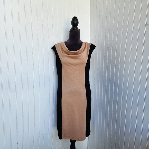 SPENCE Women's Dress Colorblock Tan Black Sheath Panel Detail Sleveless Sz 8 - Picture 1 of 12